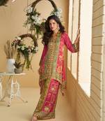 Rani pink  crepe silk digital print mirror work co-ord set