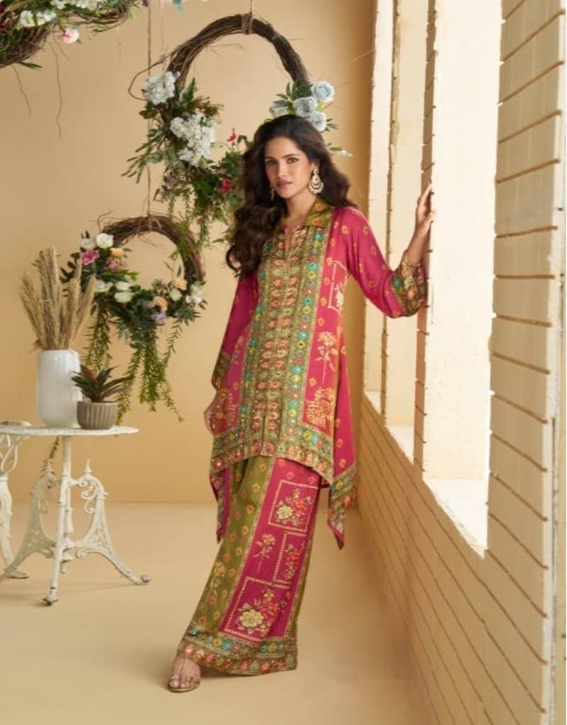 Rani pink  crepe silk digital print mirror work co-ord set