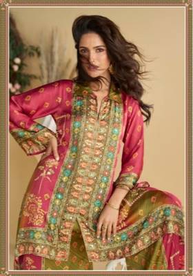 Rani pink  crepe silk digital print mirror work co-ord set 2