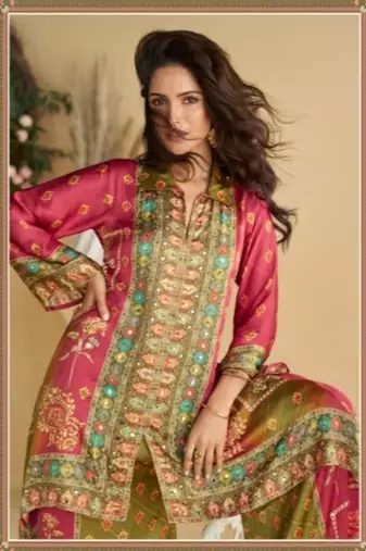Rani pink  crepe silk digital print mirror work co-ord set