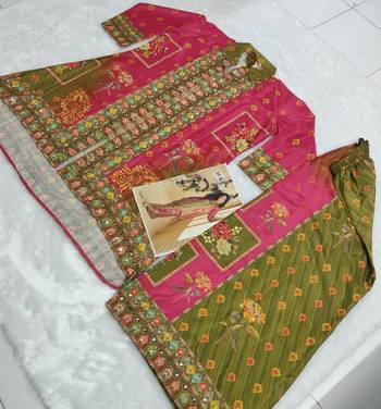 Rani pink  crepe silk digital print mirror work co-ord set 3