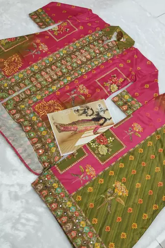 Rani pink  crepe silk digital print mirror work co-ord set