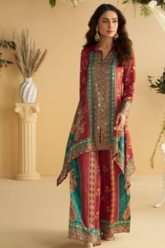 Maroon  crepe silk digital print mirror work co-ord set