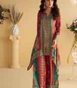 Maroon  crepe silk digital print mirror work co-ord set