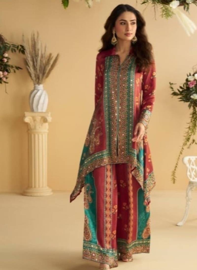 Maroon  crepe silk digital print mirror work co-ord set