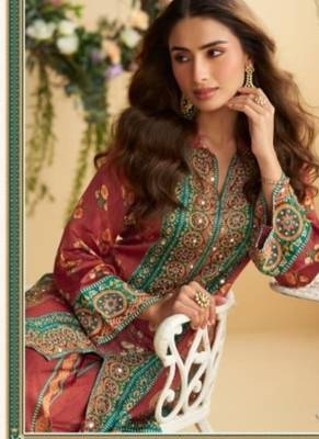 Maroon  crepe silk digital print mirror work co-ord set 2