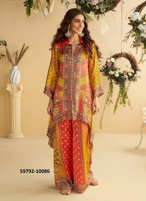 Yellow  crepe silk digital print mirror work co-ord set 1