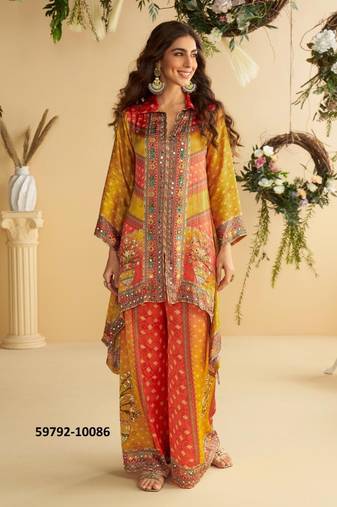 Yellow  crepe silk digital print mirror work co-ord set