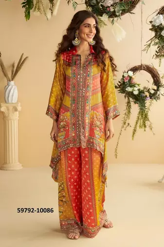 Yellow  crepe silk digital print mirror work co-ord set