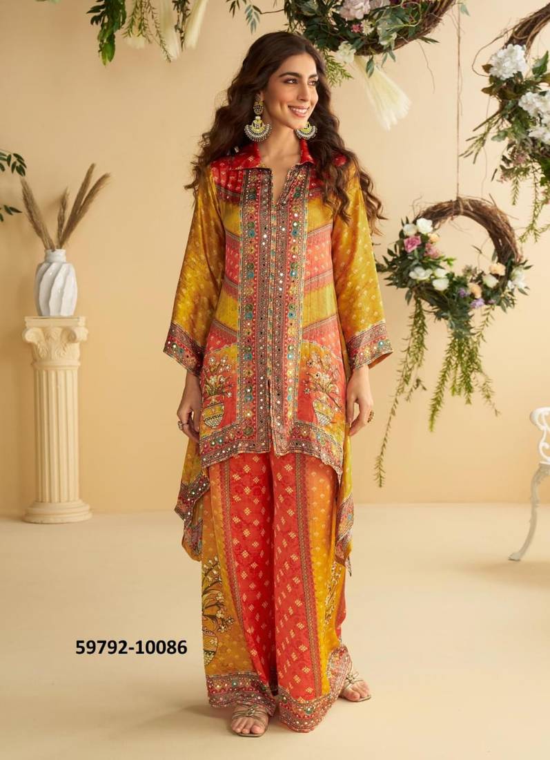 Yellow  crepe silk digital print mirror work co-ord set