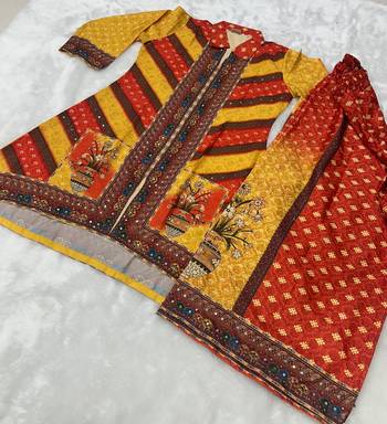 Yellow  crepe silk digital print mirror work co-ord set 2