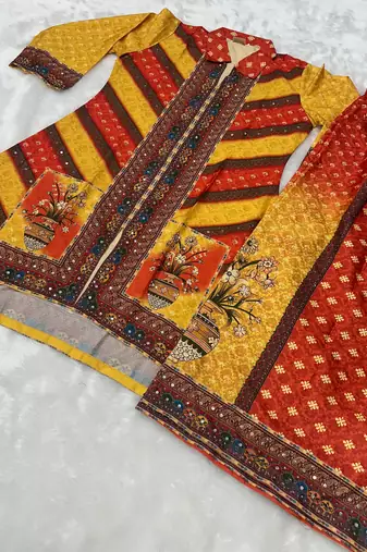 Yellow  crepe silk digital print mirror work co-ord set