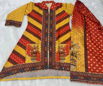 Yellow  crepe silk digital print mirror work co-ord set 3
