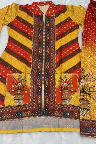 Yellow  crepe silk digital print mirror work co-ord set