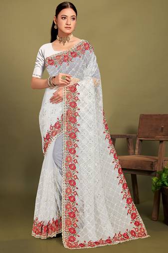 White sequin embroidered work designer net saree for women