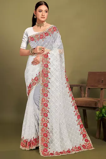 White sequin embroidered work designer net saree for women