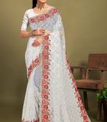 White sequin embroidered work designer net saree for women
