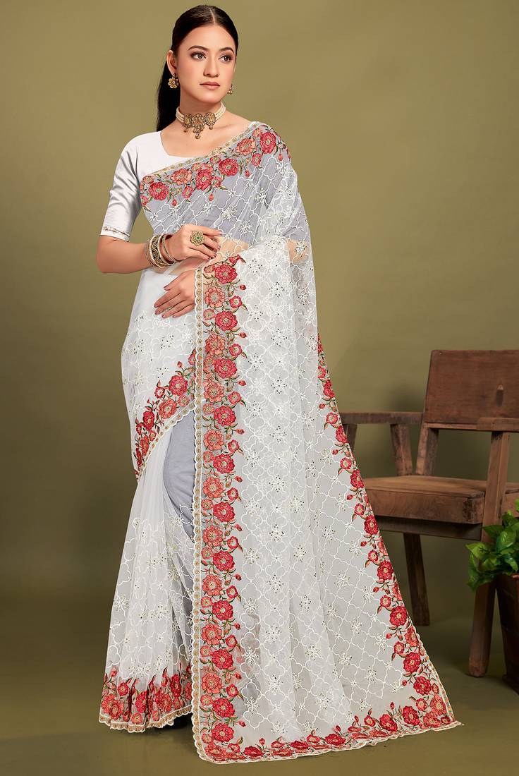 White sequin embroidered work designer net saree for women