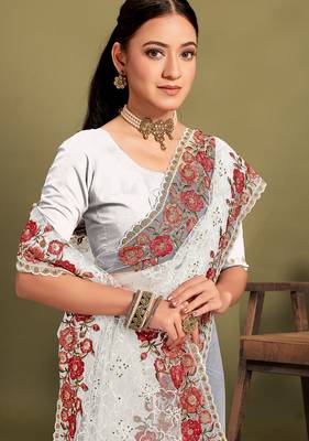 White sequin embroidered work designer net saree for women 2