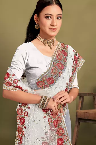 White sequin embroidered work designer net saree for women