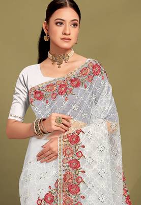 White sequin embroidered work designer net saree for women 3