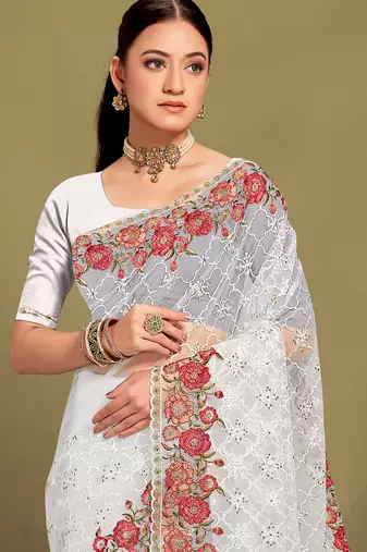 White sequin embroidered work designer net saree for women