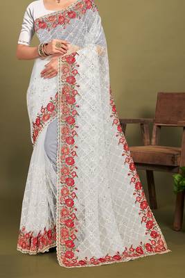 White sequin embroidered work designer net saree for women 4