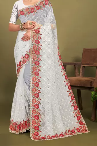 White sequin embroidered work designer net saree for women