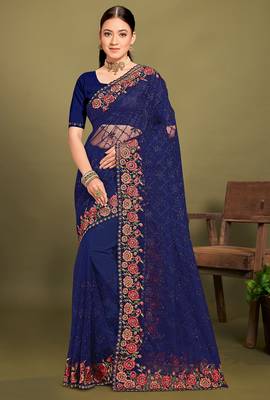 Navy blue sequin embroidered work designer net saree for women 1