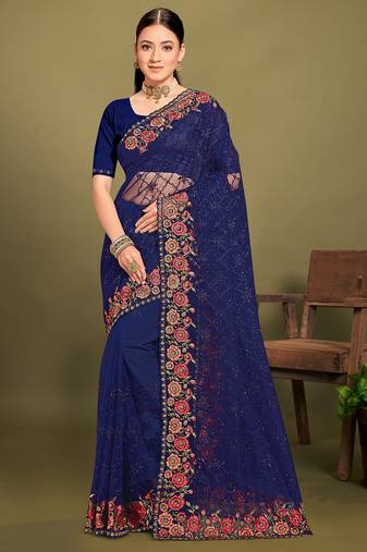 Navy blue sequin embroidered work designer net saree for women