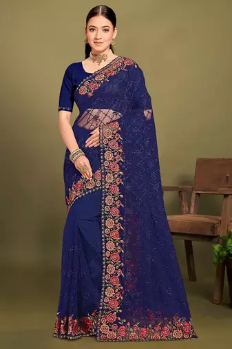 Navy blue sequin embroidered work designer net saree for women