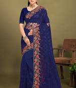 Navy blue sequin embroidered work designer net saree for women