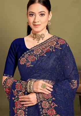 Navy blue sequin embroidered work designer net saree for women 2