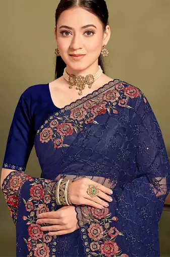 Navy blue sequin embroidered work designer net saree for women