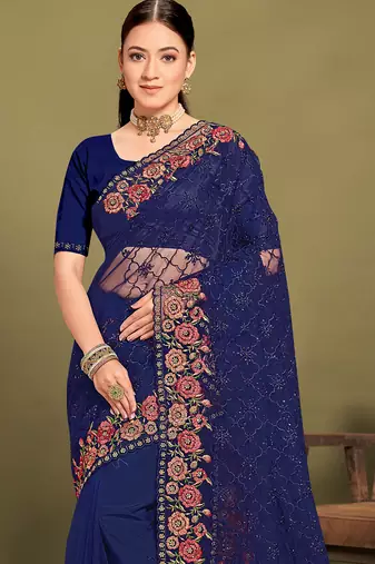 Navy blue sequin embroidered work designer net saree for women