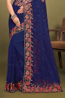 Navy blue sequin embroidered work designer net saree for women 4