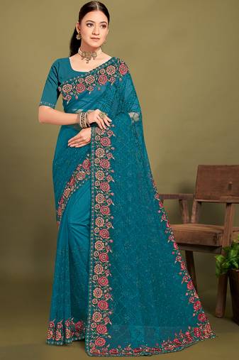Teal blue sequin embroidered work designer net saree for women