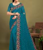 Teal blue sequin embroidered work designer net saree for women