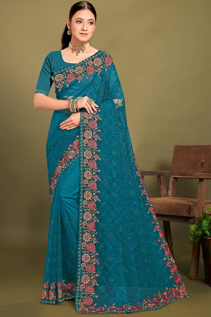Teal blue sequin embroidered work designer net saree for women