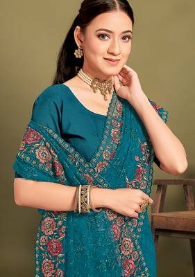 Teal blue sequin embroidered work designer net saree for women 2