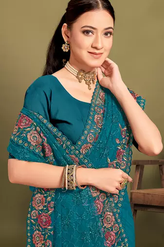 Teal blue sequin embroidered work designer net saree for women
