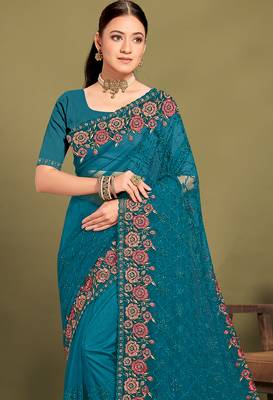 Teal blue sequin embroidered work designer net saree for women 3