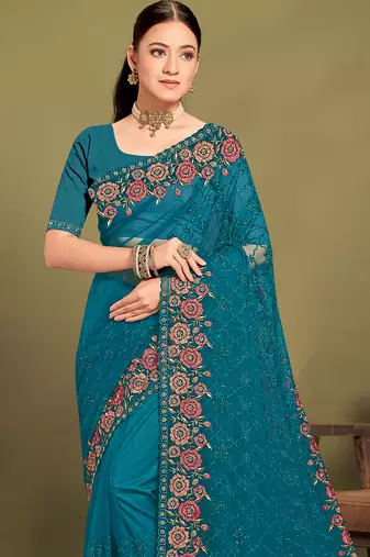 Teal blue sequin embroidered work designer net saree for women