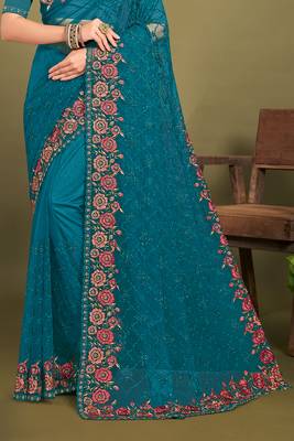 Teal blue sequin embroidered work designer net saree for women 4