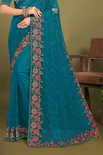 Teal blue sequin embroidered work designer net saree for women