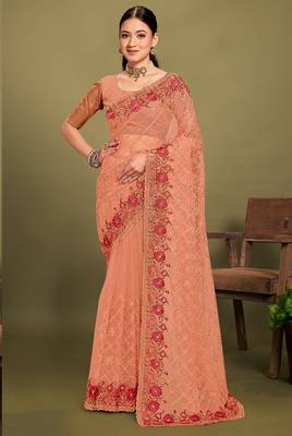 Peach sequin embroidered work designer net saree for women 1