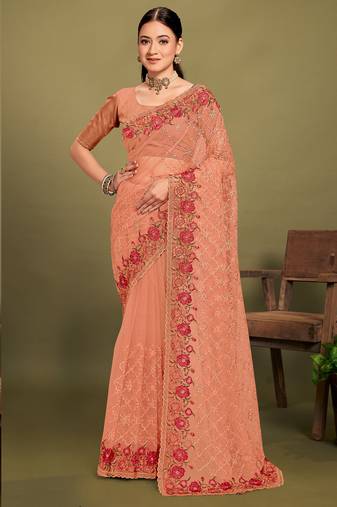 Peach sequin embroidered work designer net saree for women