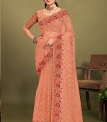 Peach sequin embroidered work designer net saree for women