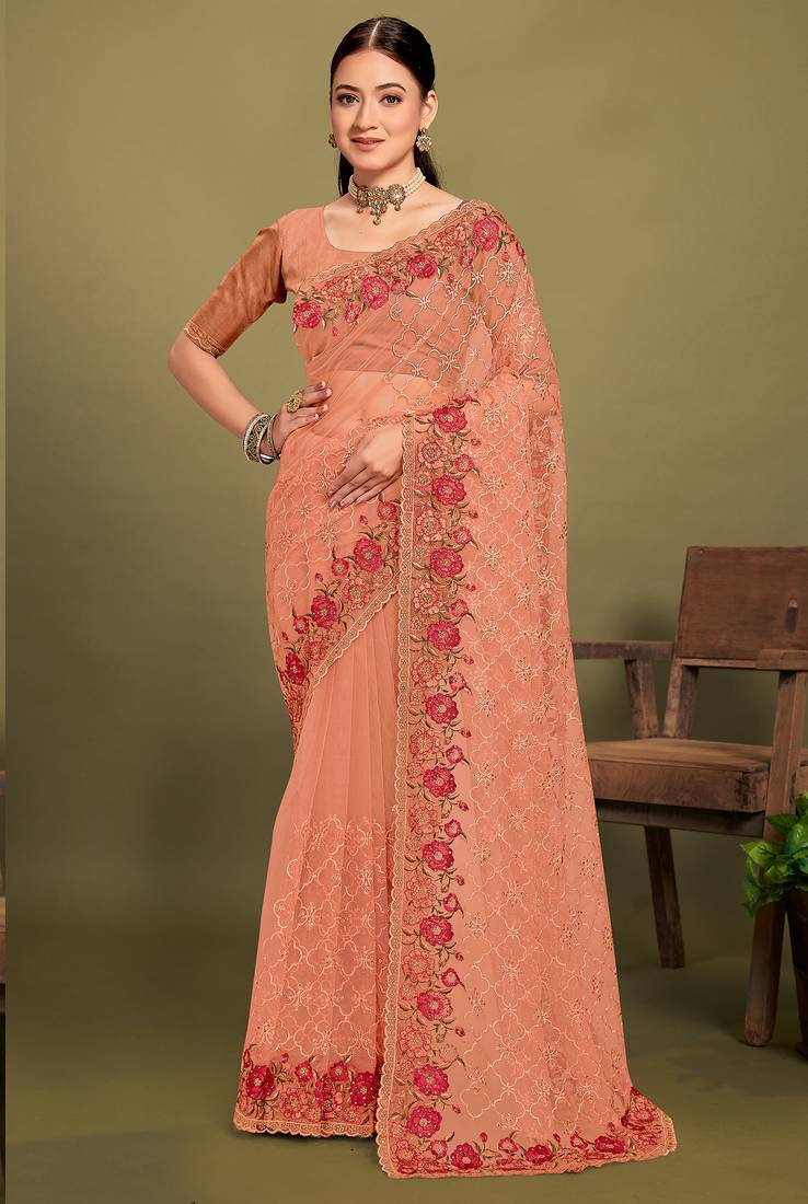 Peach sequin embroidered work designer net saree for women