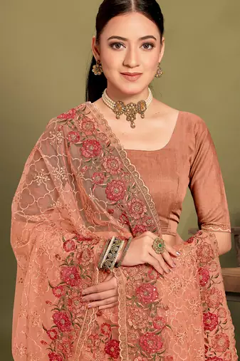 Peach sequin embroidered work designer net saree for women